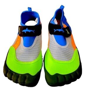 Blue, green, orange, black, and gray Newtz water shoes